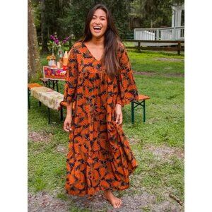 Natural Life Charlotte Midi Dress Size L/XL Rust Orange Leaf Print Bell Sleeve
